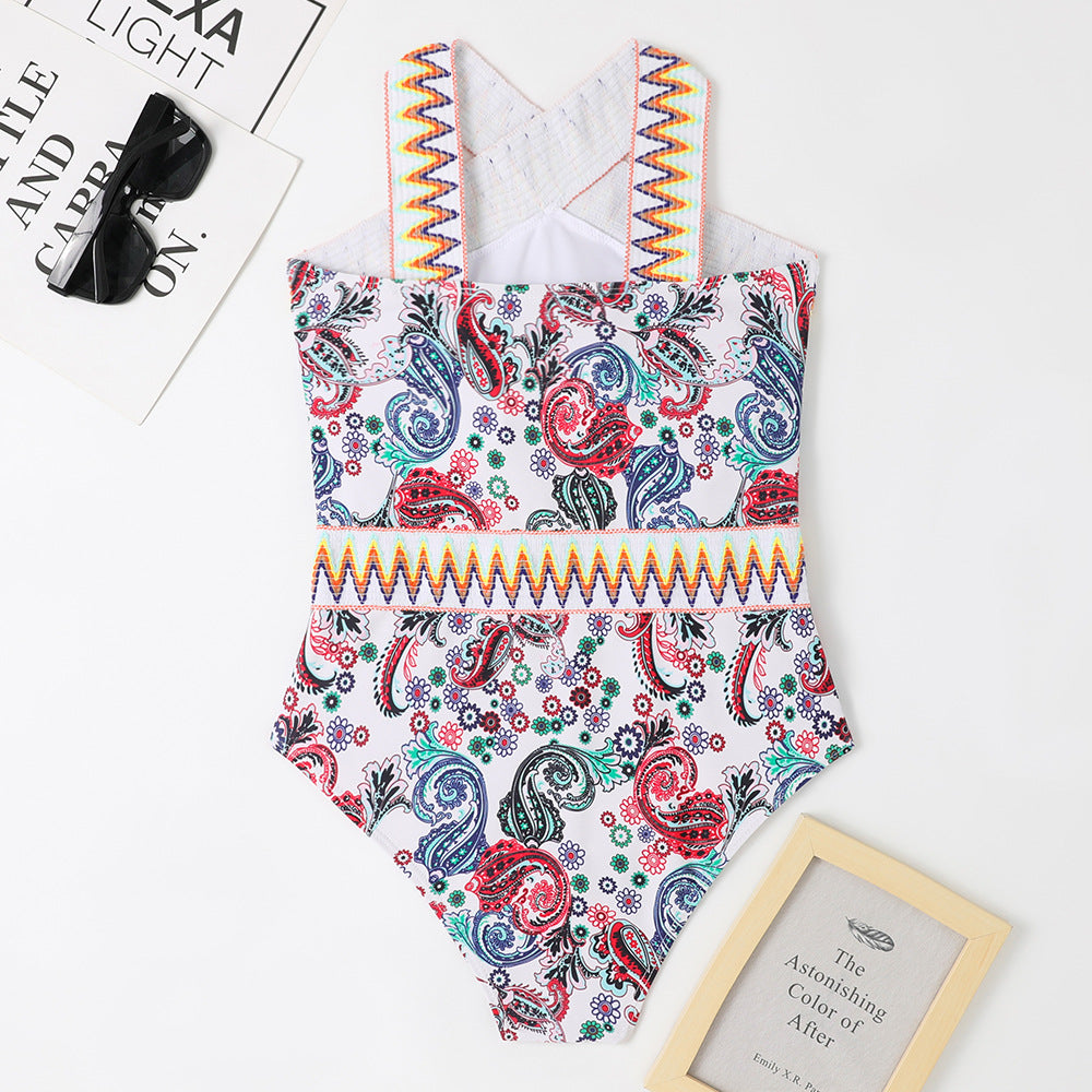 European And American One-piece New Swimsuit Knitted Belt Printed Halter