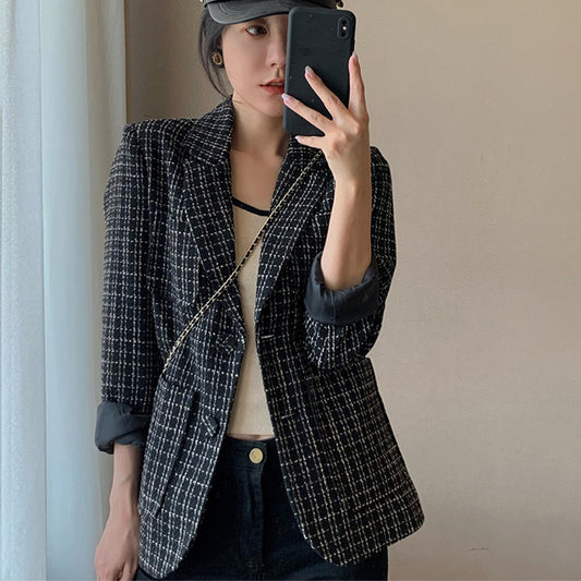 Ladies' New Plaid Suit Collar Wool Short Coat