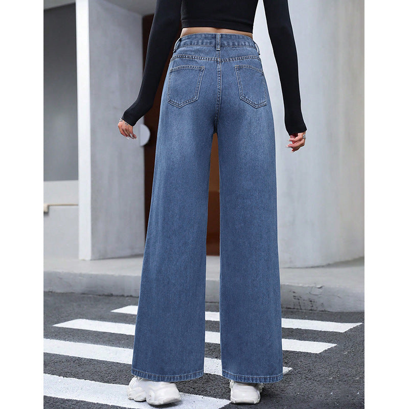 Damebukser i lige, løs pasform med høj talje i denim