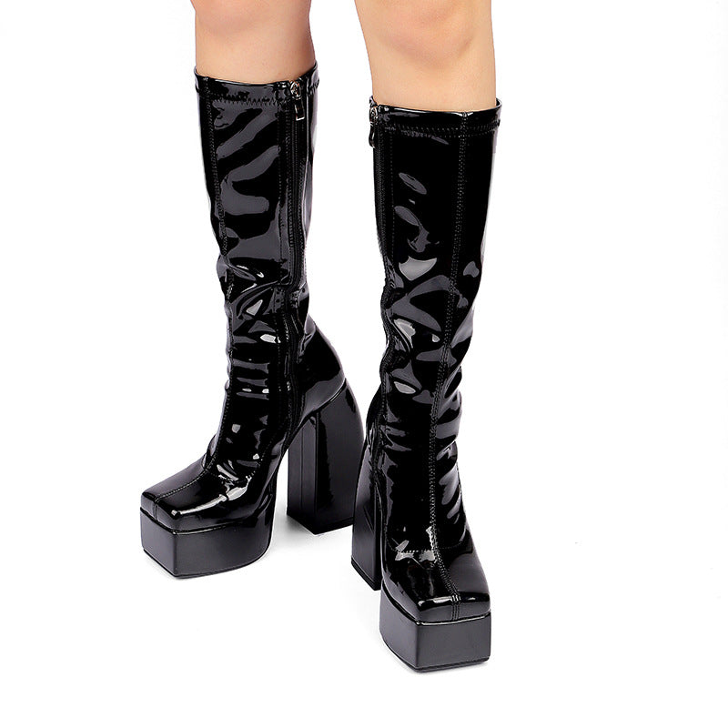 Bright Leather Side Zipper Padded Water Platform Super High Heel Boots