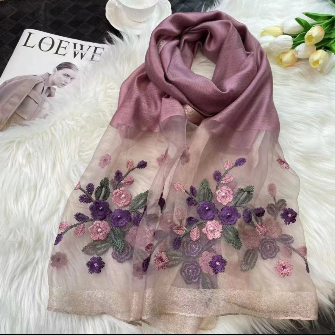 Uldbroderi Begonia Tørklæde Langt