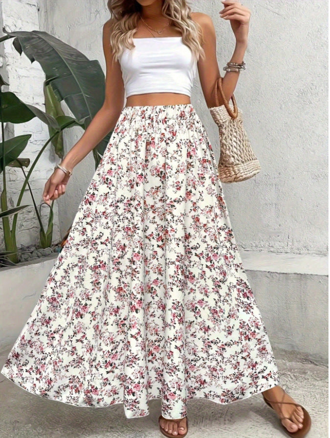 Bohemian Floral Print Waist-Cinching Lightweight Flowy Summer Maxi Skirt