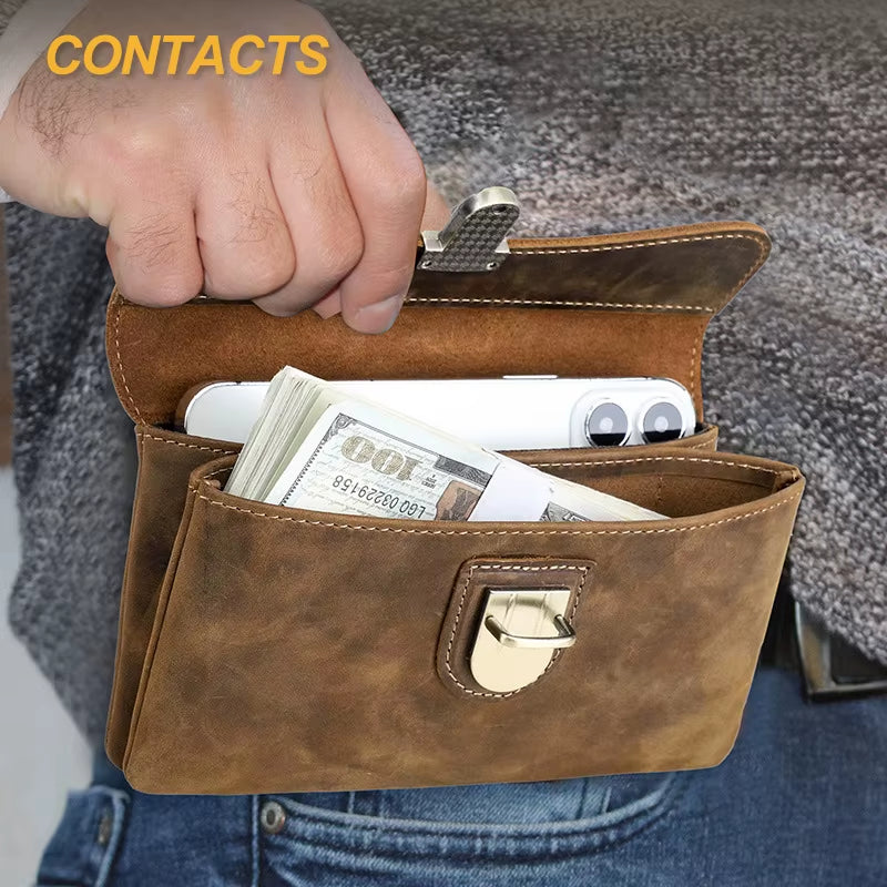 Retro Crazy Horse Leather RFID Anti-Magnetic Waist Bag with Multi-Functional Lock, Real Leather Mobile Phone Waist Bag