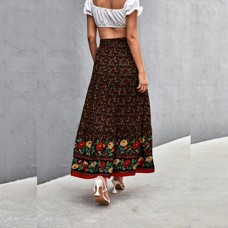 European And American Spring And Summer High Waist Floral Long Skirt