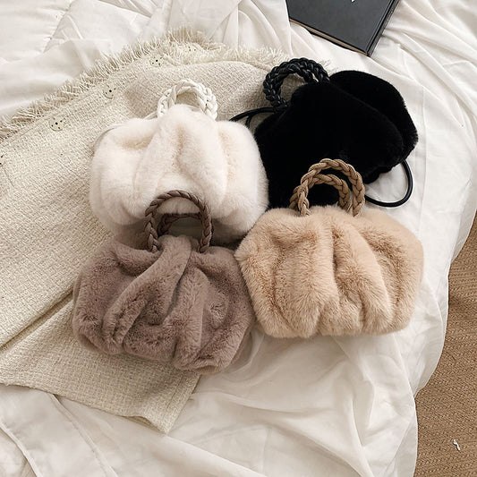 Plush Pumpkin Fur Pleated Shoulder Bag