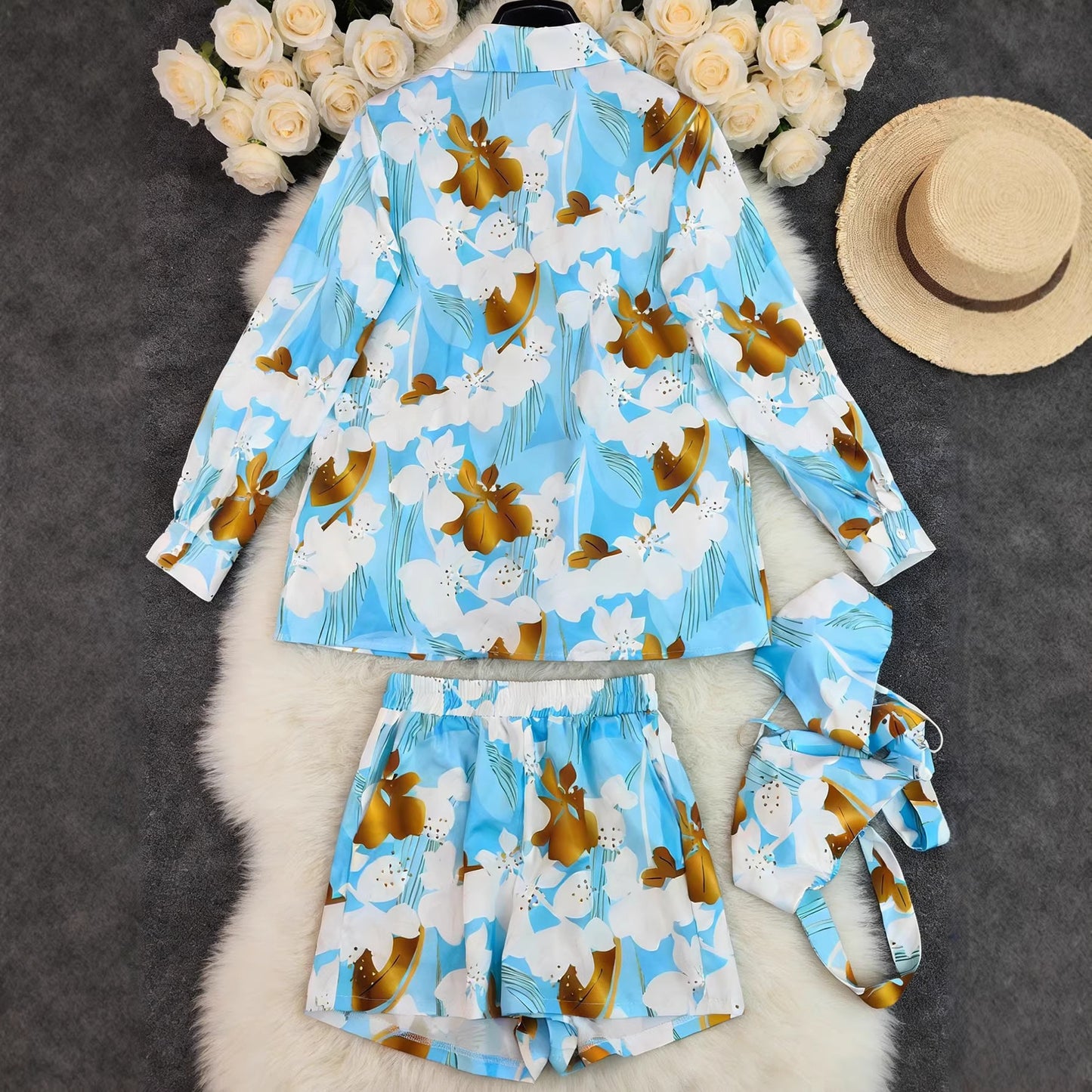 Printed Long-Sleeve Shorts Holiday-Style Casual Three-Piece Set