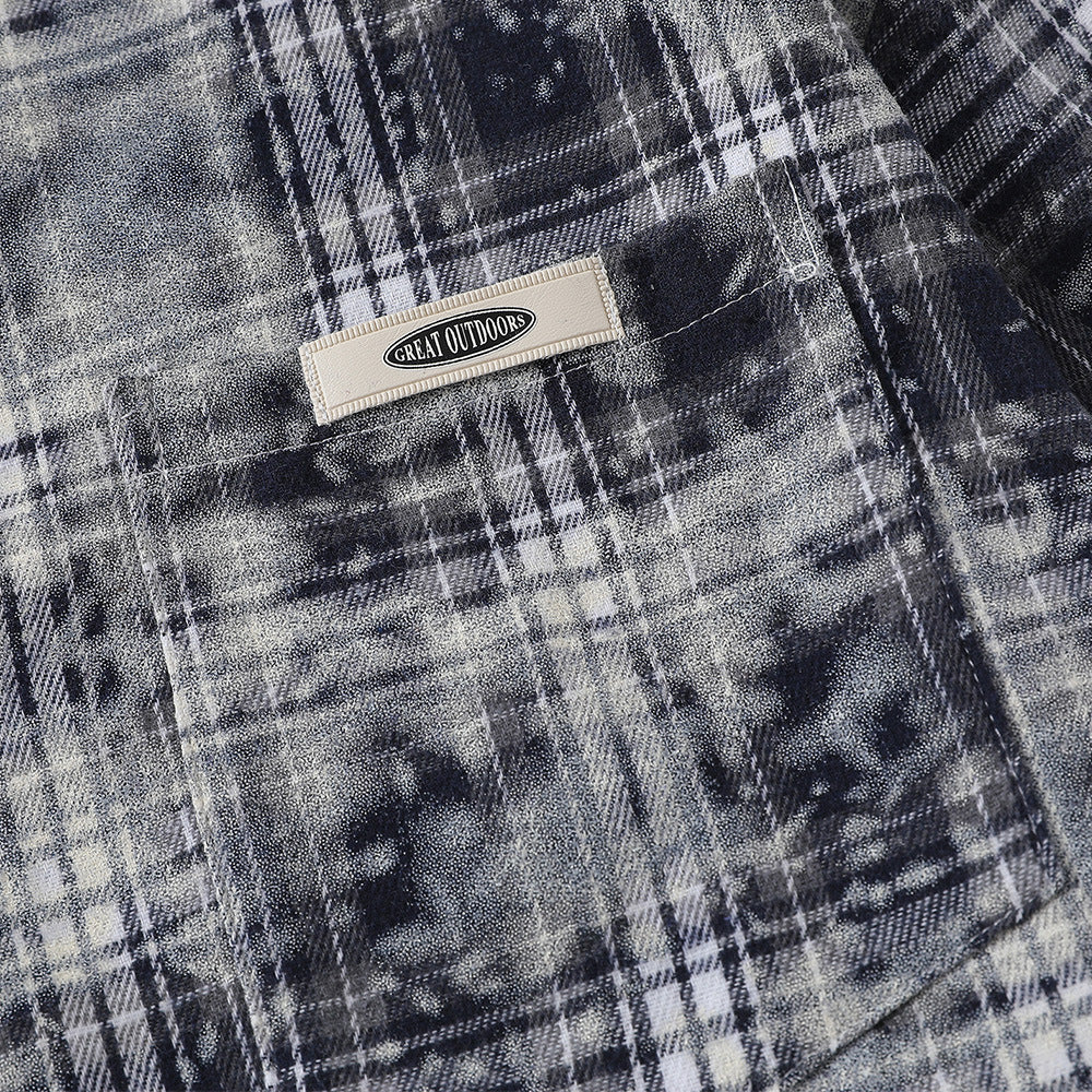 American Retro Tie-dye Distressed Plaid Long Sleeve Shirt Men