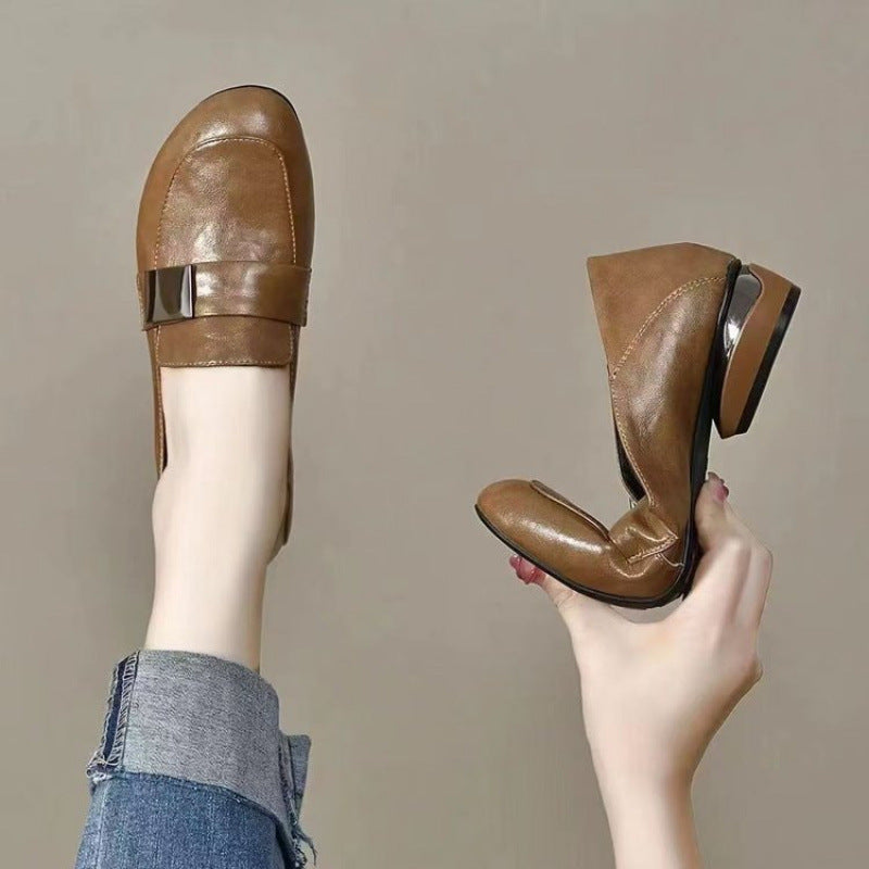 Women's Soft Bottom Round Head Thick Heel Leather Shoes