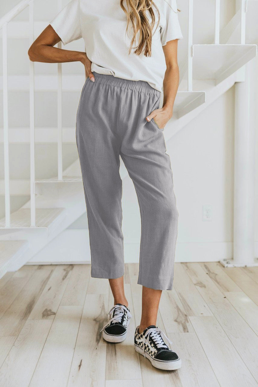 Solid Color Casual Elasticated High-waist Cropped Trousers