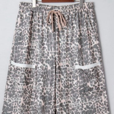 Khaki Plus Size Leopard Print Worn Patch Pocket Drawstring Loose Pants