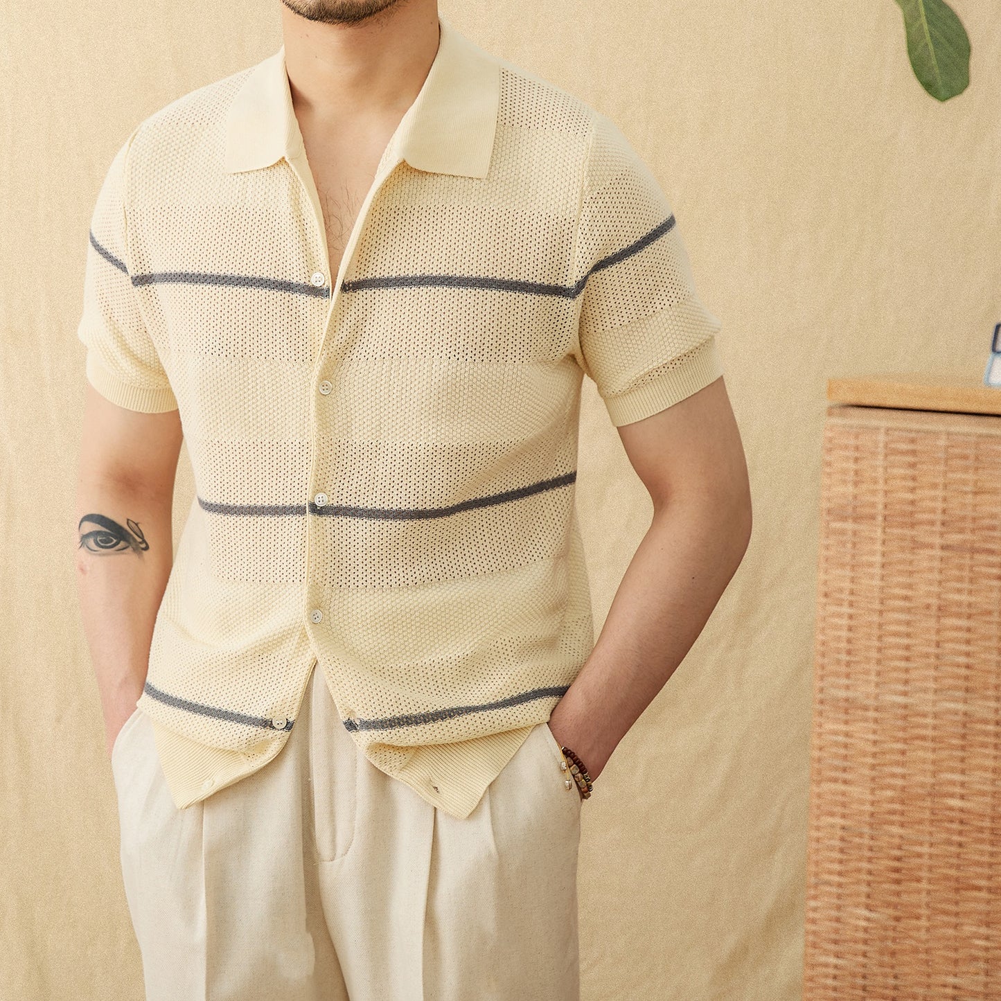 Lapel Casual Fashion Cotton Linen Short Sleeve Knitted Cardigan