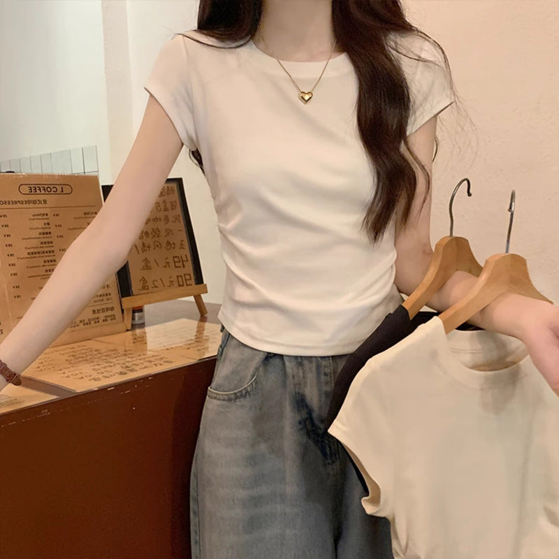 Solid Color Pleated Slim-fit Irregular Design Short Round Neck Top