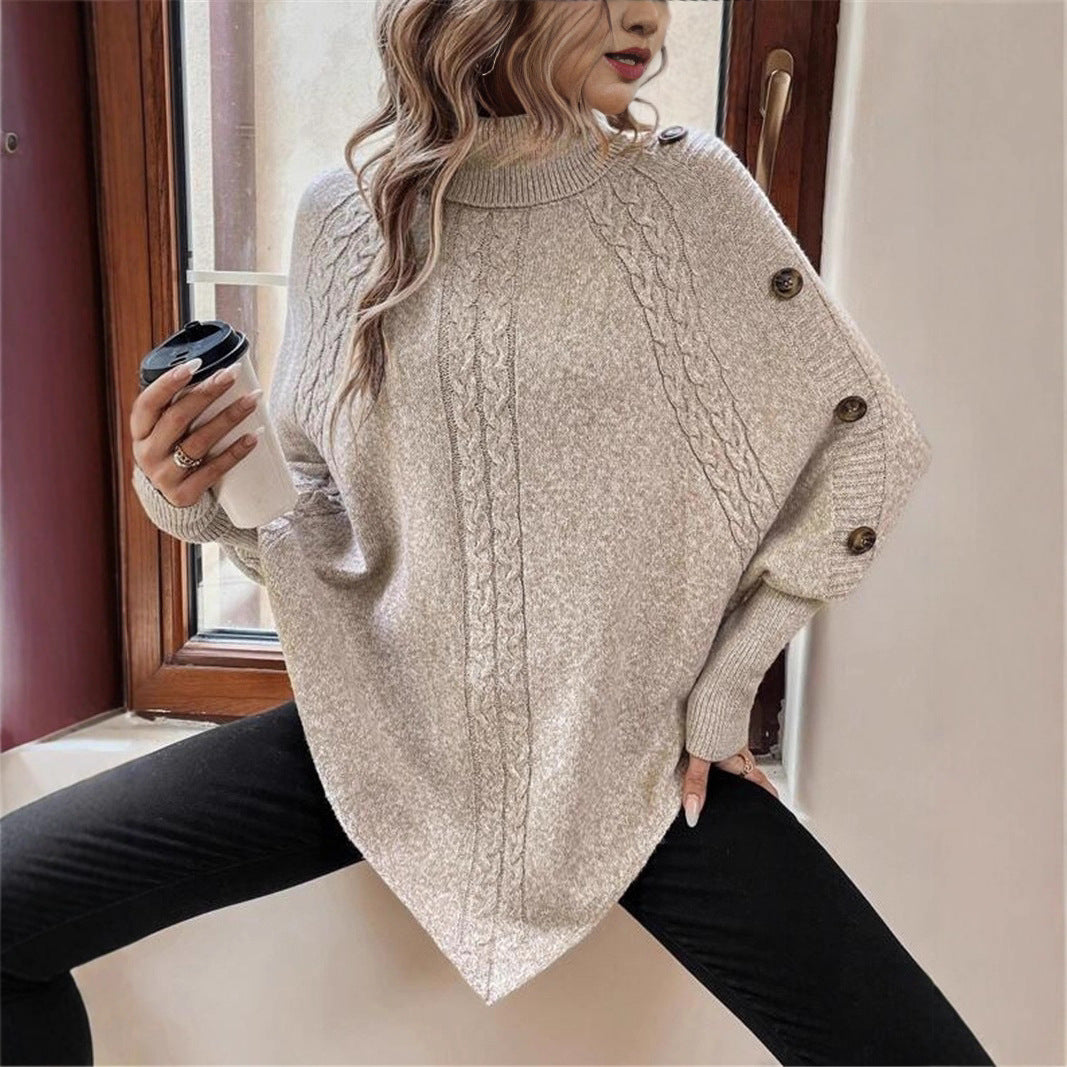 Turtleneck Buttons Decorative Long Sleeve Batwing Shirt