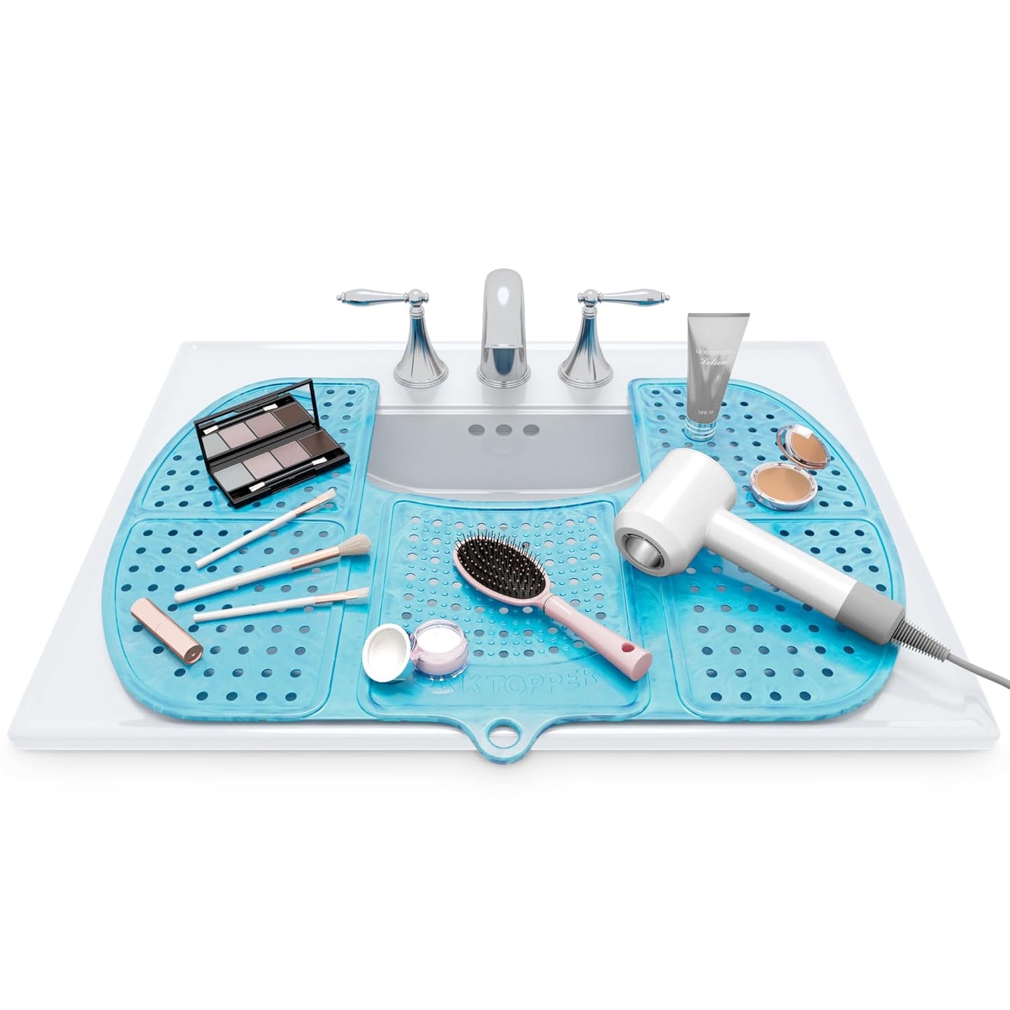 Bathroom Counter Cover & Storage Saver, Foldable Mat for Hot Tools, Hair Styling & Makeup, Beauty Brush Cleaning Mat, RV Camper Sink Cover & for Small Spaces (Standard Pacific Blue)