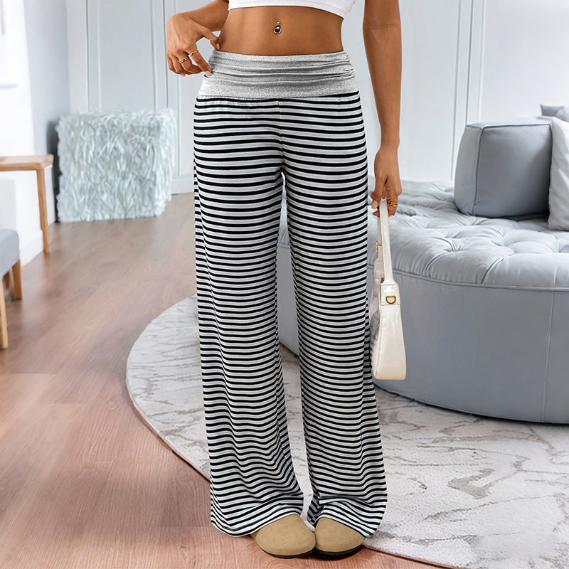 New Chic Low-rise Casual Homewear Color-block Striped Wide-leg Pants