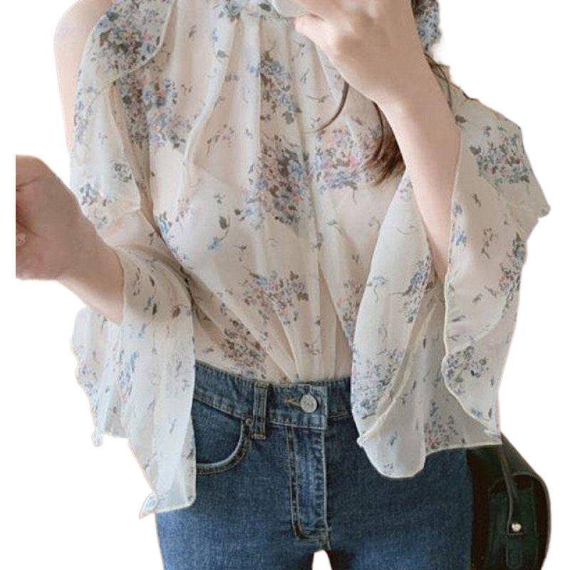Niche Off-the-shoulder Floral Chiffon Shirt Women's Early Spring Temperament Shirt Bell Sleeve Summer Thin Top