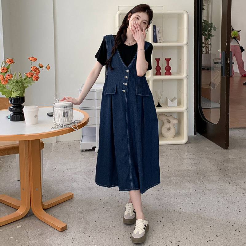 Plus size tynd denimvest, nederdel, basis T-shirt, todelt sæt