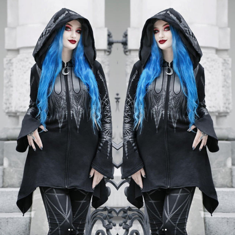 Halloween Cosplay Hættetrøje Dame Punk Sort Lang Hættetrøje med Print Sweater