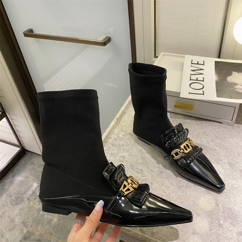 Martin Boots Flat Patent Leather Wool Socks And Ankle Boots