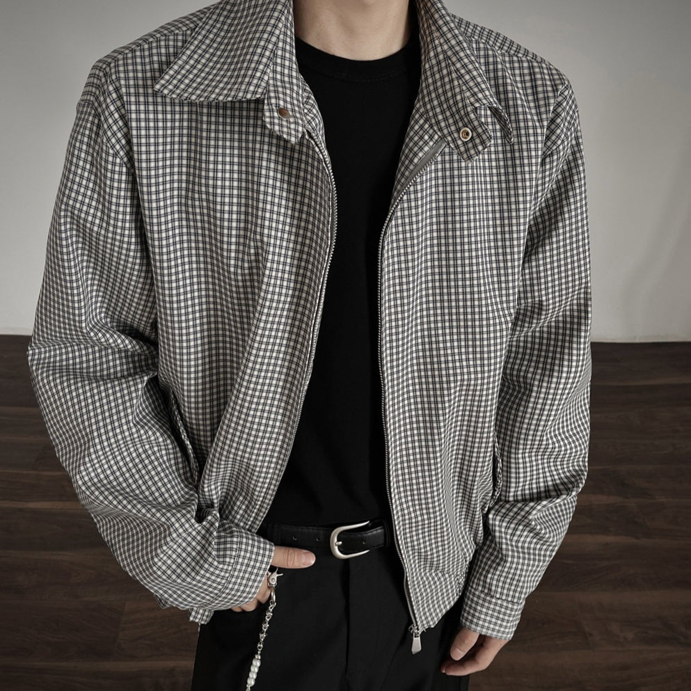 Korean Style Simple Retro Plaid Short Jacket With Double Zipper