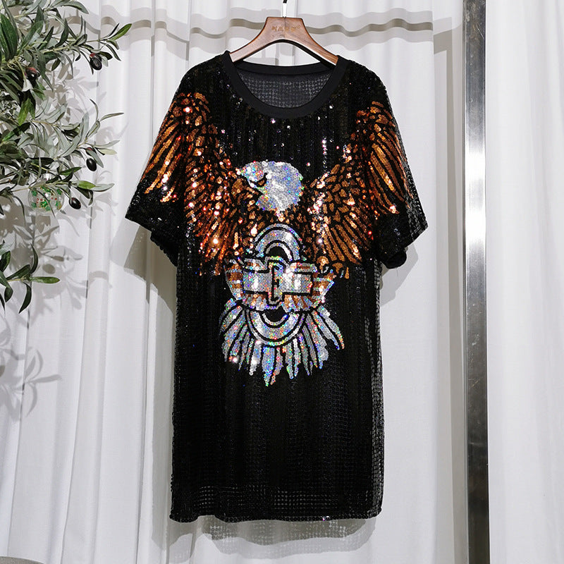 Letter Sequin Loose Short Sleeve T-Shirt Women's Sequin Top