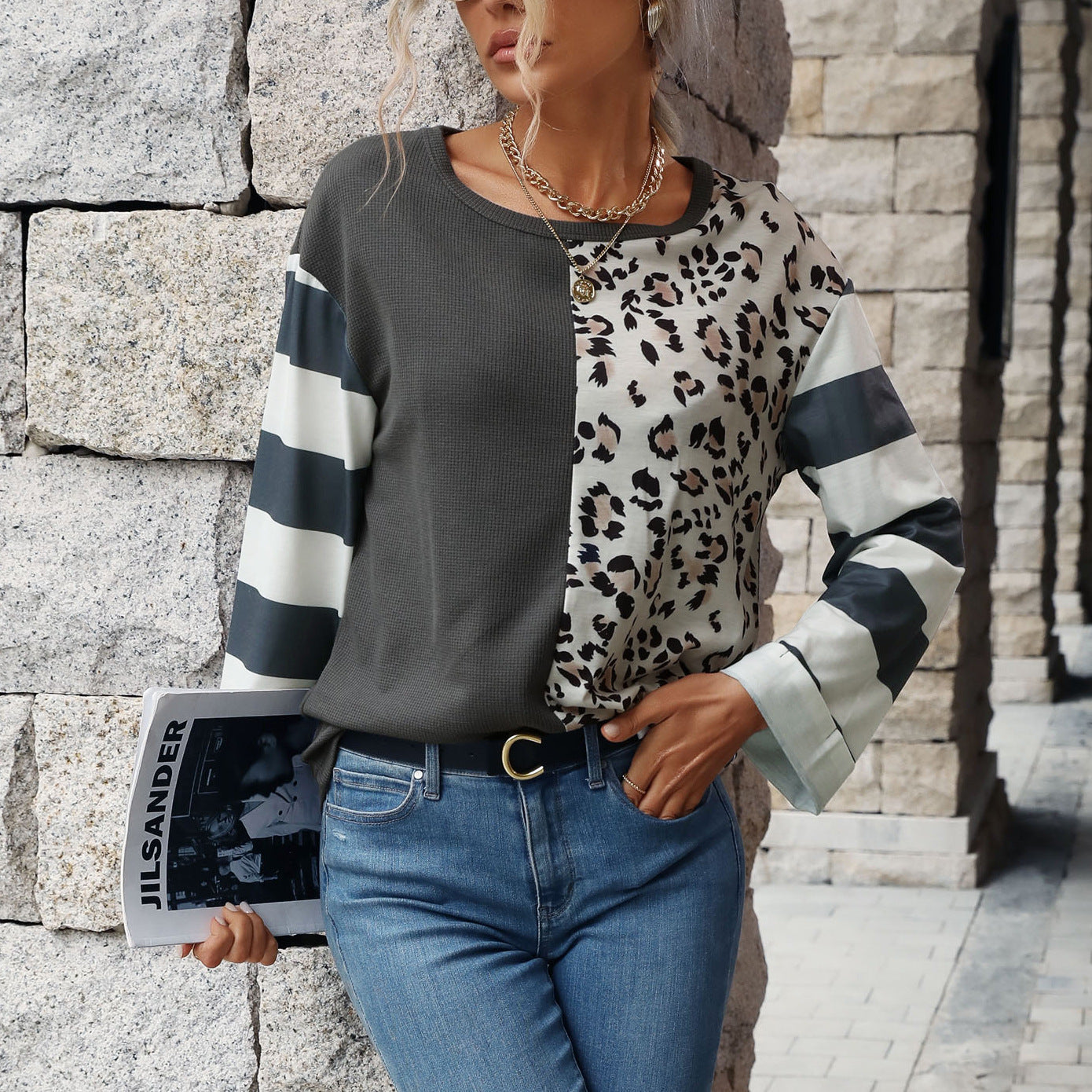 New European And American Autumn And Winter Stitching Waffle Knitted Pullover Sweater