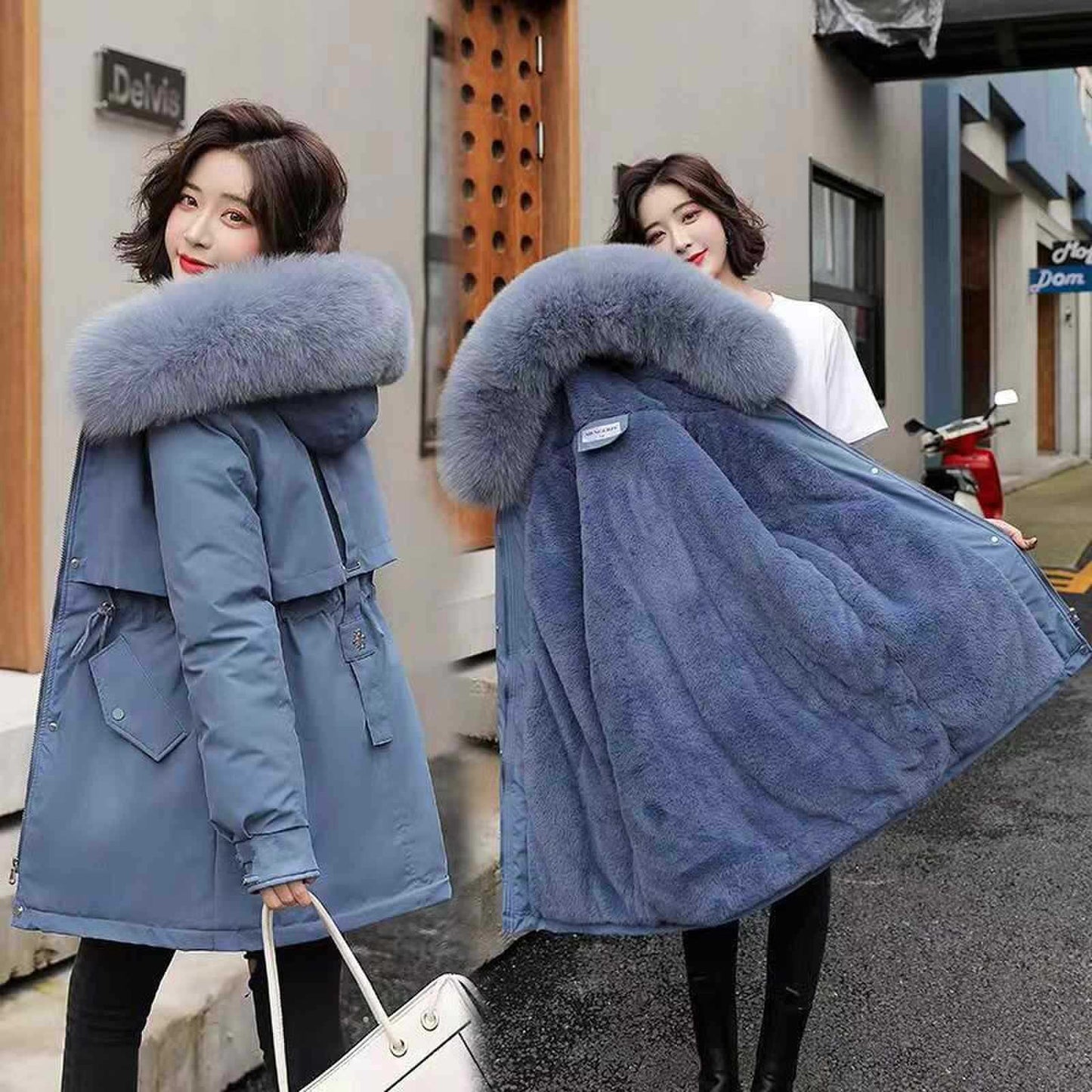 Long Style Large Fur Collar Fleece Lined Cotton Jacket Down Cotton Coat Outerwear