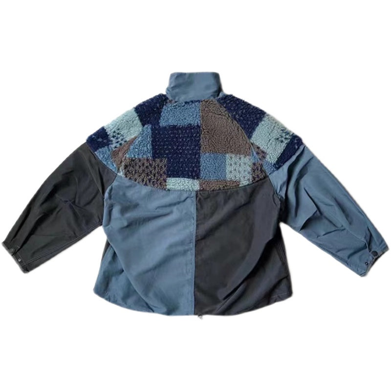 Polar Fleece Checkerboard Stitching Tooling Color-blocking Warm High-neck Jacket