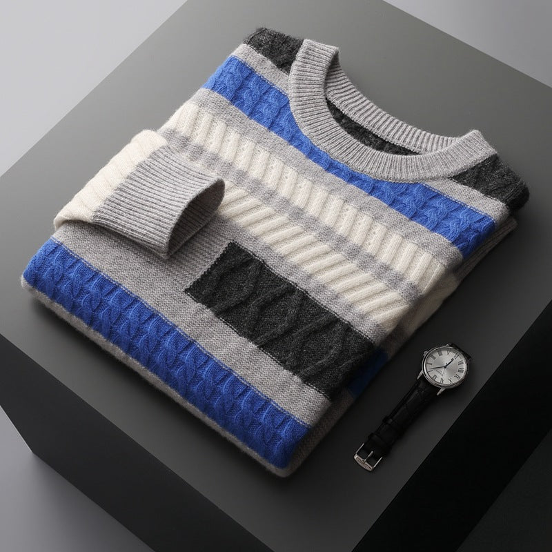 Koreansk stil Farveblok Crew Neck Cashmere Sweater til Mænd Kontrastfarve