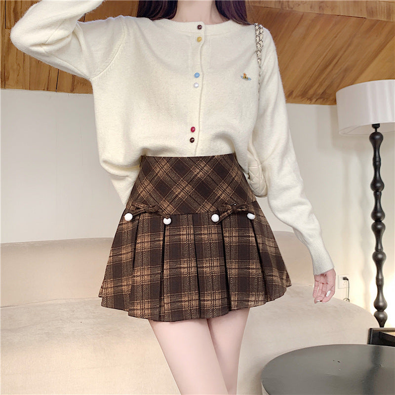 Plaid Pleated Women's Autumn And Winter High Waist Umbrella Culottes Short Skirt
