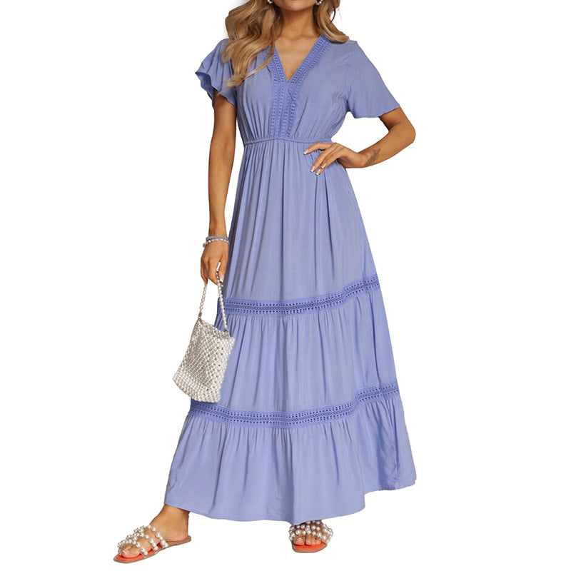 Maxi-style Long-sleeve Ruffled Flounce Sleeve V-neck Dress
