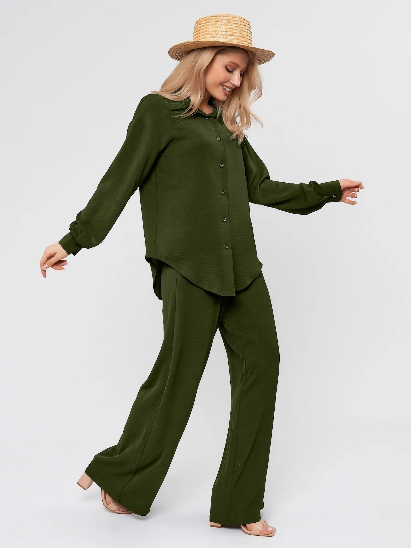 New French-style Casual Relaxed Chic Two-piece Loungewear Set Loose Commuter Shirt And Pants Suit For Women