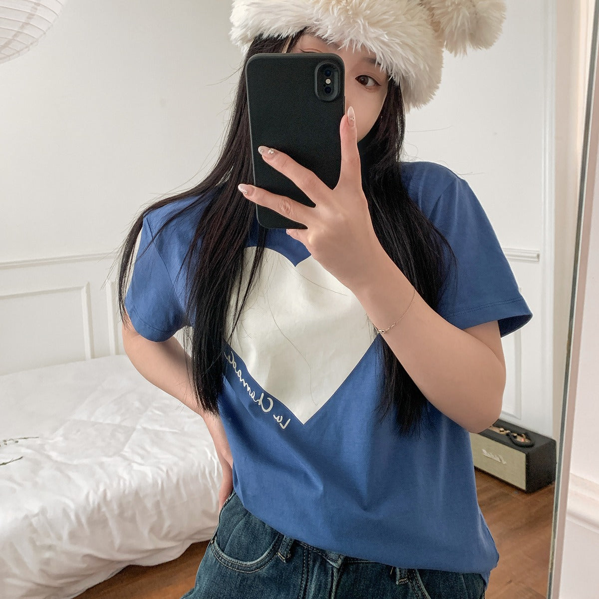 Spring Heart Print Loose Round Neck T-shirt