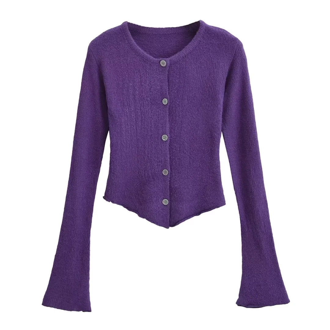 Women's Round Neck Single-breasted Bell-sleeve Sweater