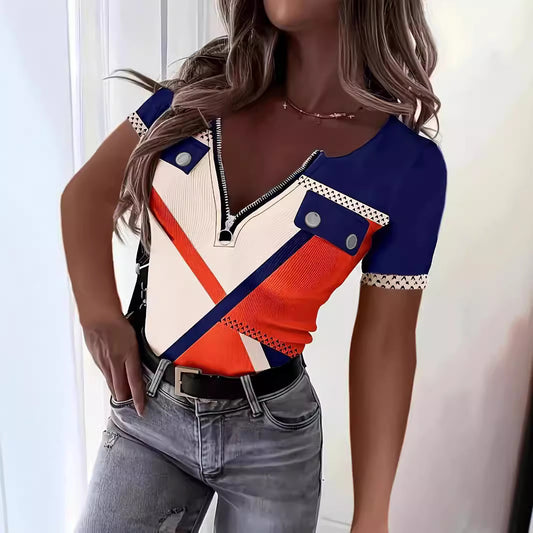 Moderigtig Tætsiddende T-shirt med Lynlås og Print til Kvinder