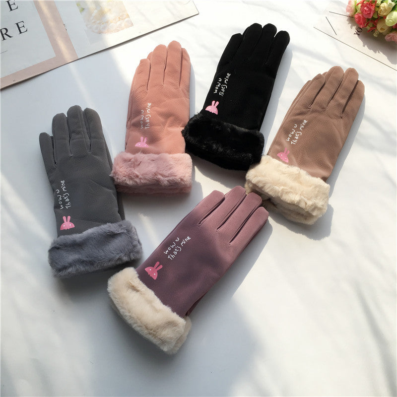 Efterår og vinter ridehandsker til kvinder, koreansk stil, alfabet, tegneserie, varme, dobbeltlags fleeceforede