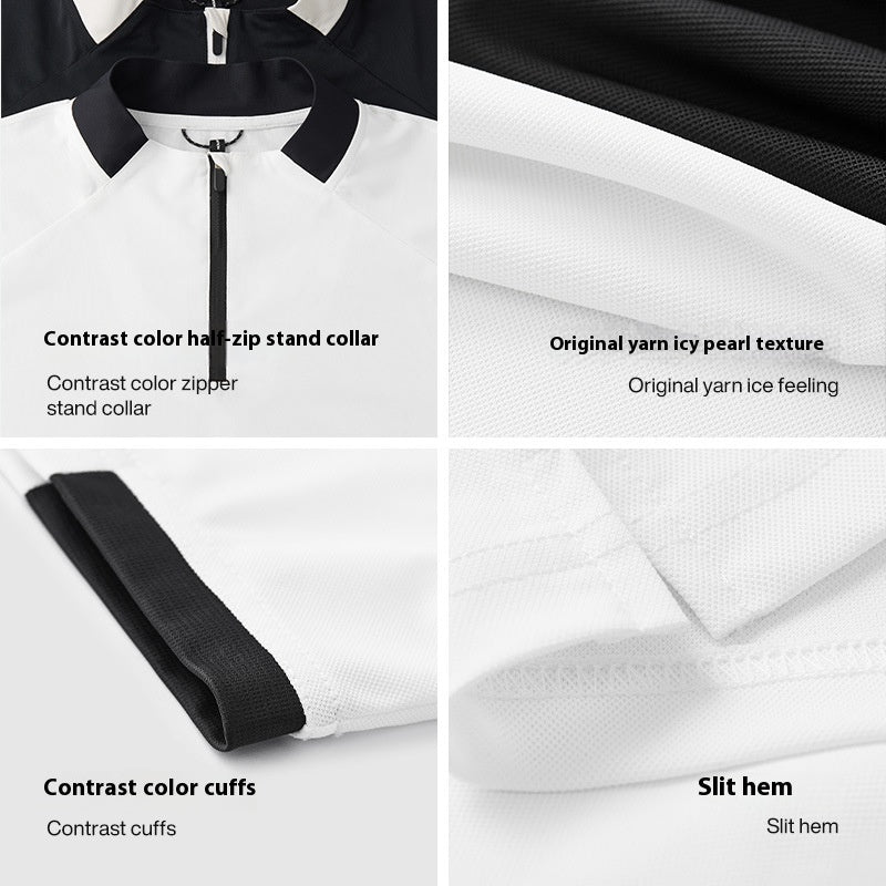 Men's Zipper Lightweight Cool Feeling Golf Tennis Stitching Short Sleeve