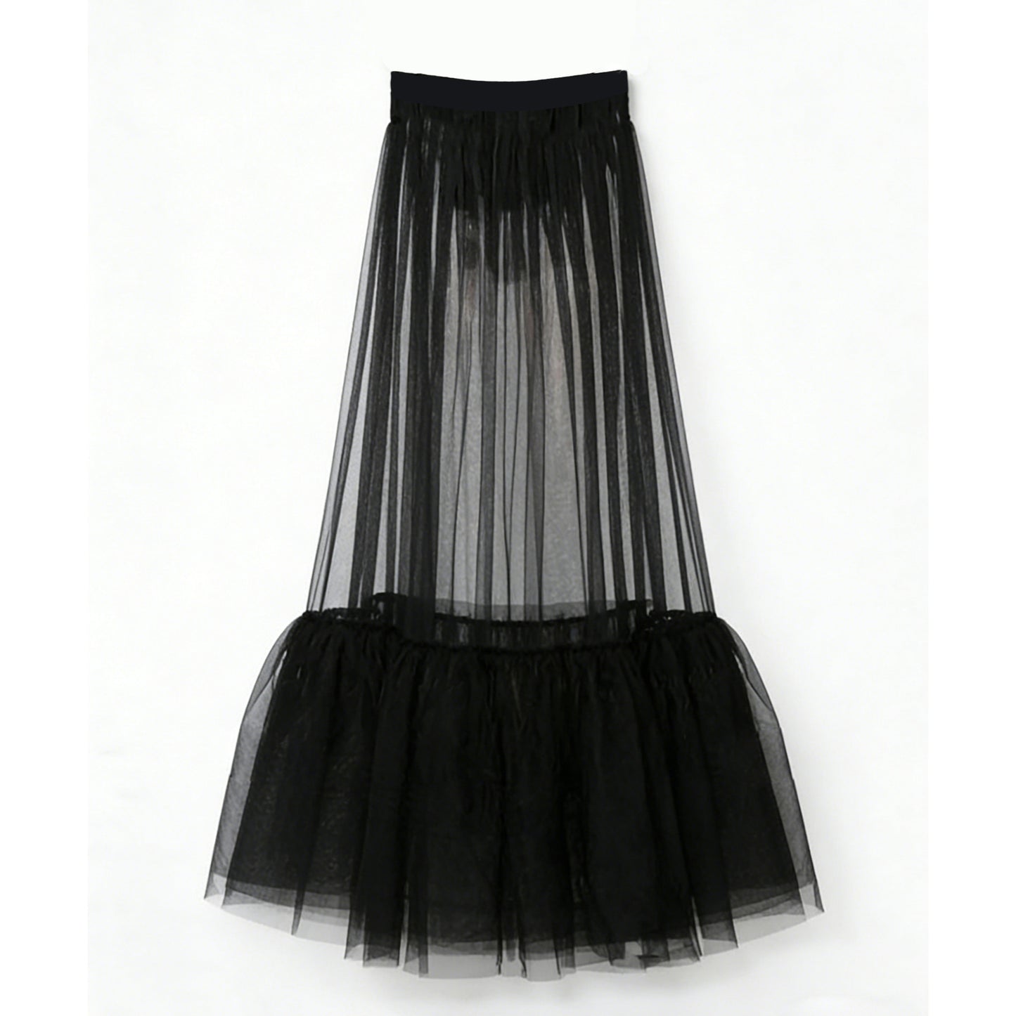 Puffed Fishtail Stiff-net Petticoat With Ruffled Hem Sheer Mid-length Skirt