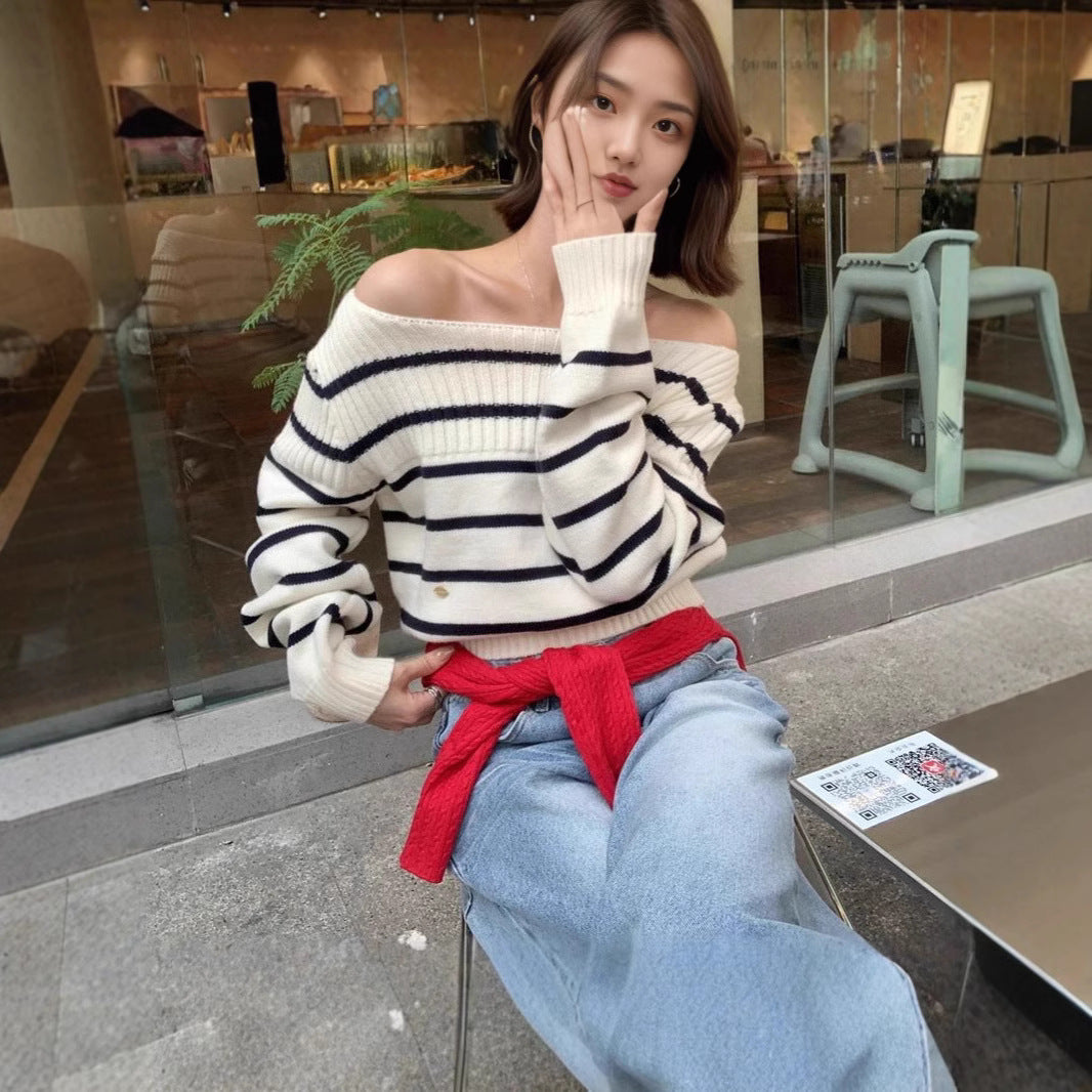Short, Striped Off-the-shoulder Pullover Sweater