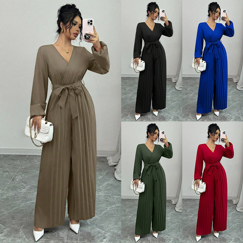 Elegant Casual Cropped Cross-V-Neck Pleated Culotte Jumpsuit