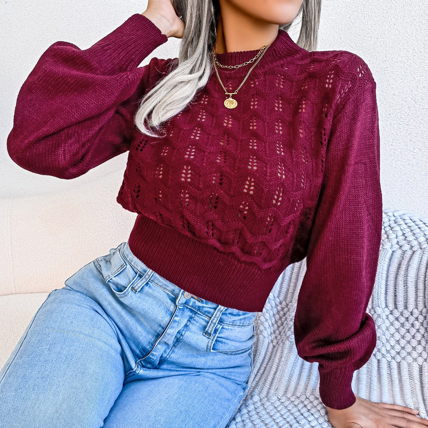 Women Street Style Solid Color Hollow Stripe Lantern Sleeve Cropped Sweater
