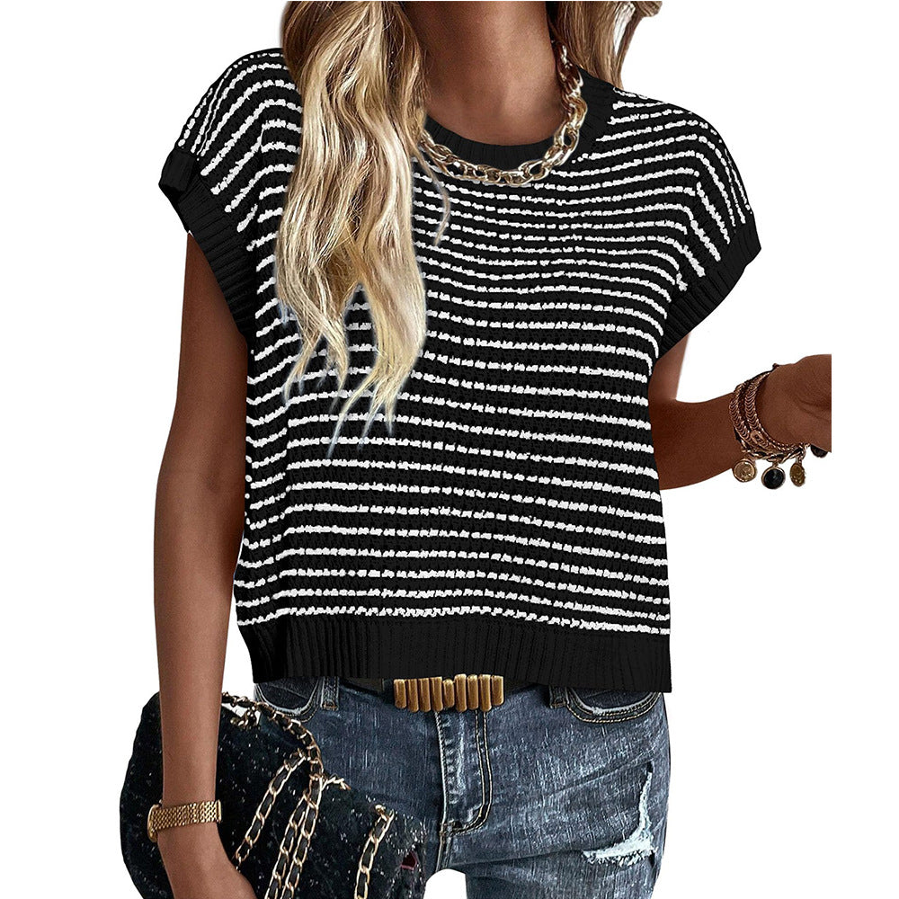 Ny Strikket Top Med Rund Hals Afslappet Stribet Sweater Med Kontrastfarve