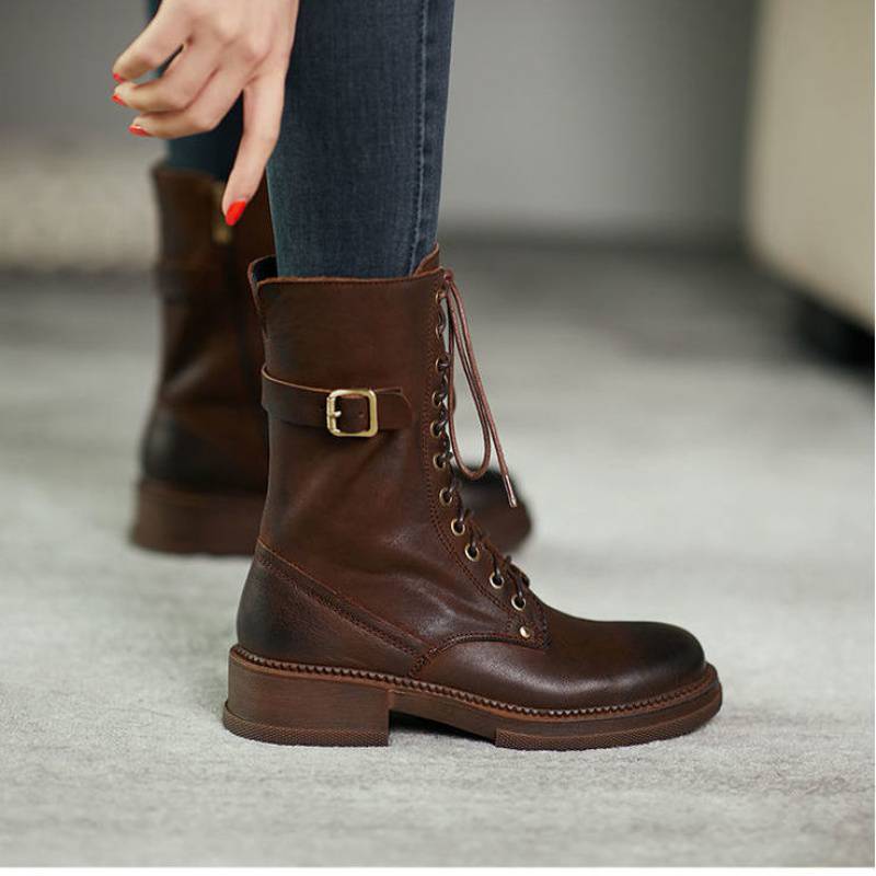 Ins Thick Heel Mid-tube And Velvet Lace Up Womens Boots