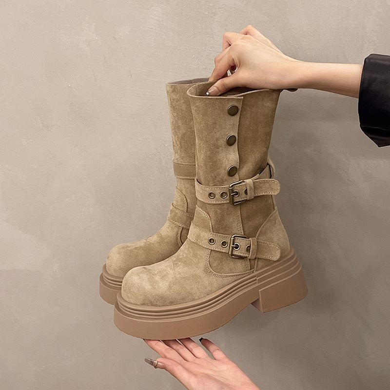 Womens Matte Boots In British Style With Thick Soles