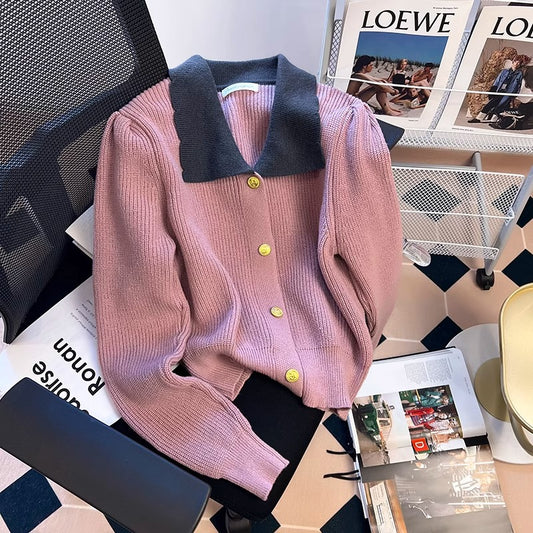 Fashionable Simple Breasted Lapel Short Sweater