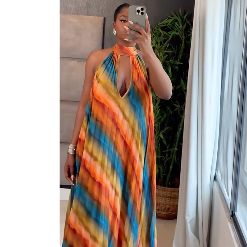 Neck-hanging Printed Hollow-out Loose Pleated Maxi Dress Long Skirt