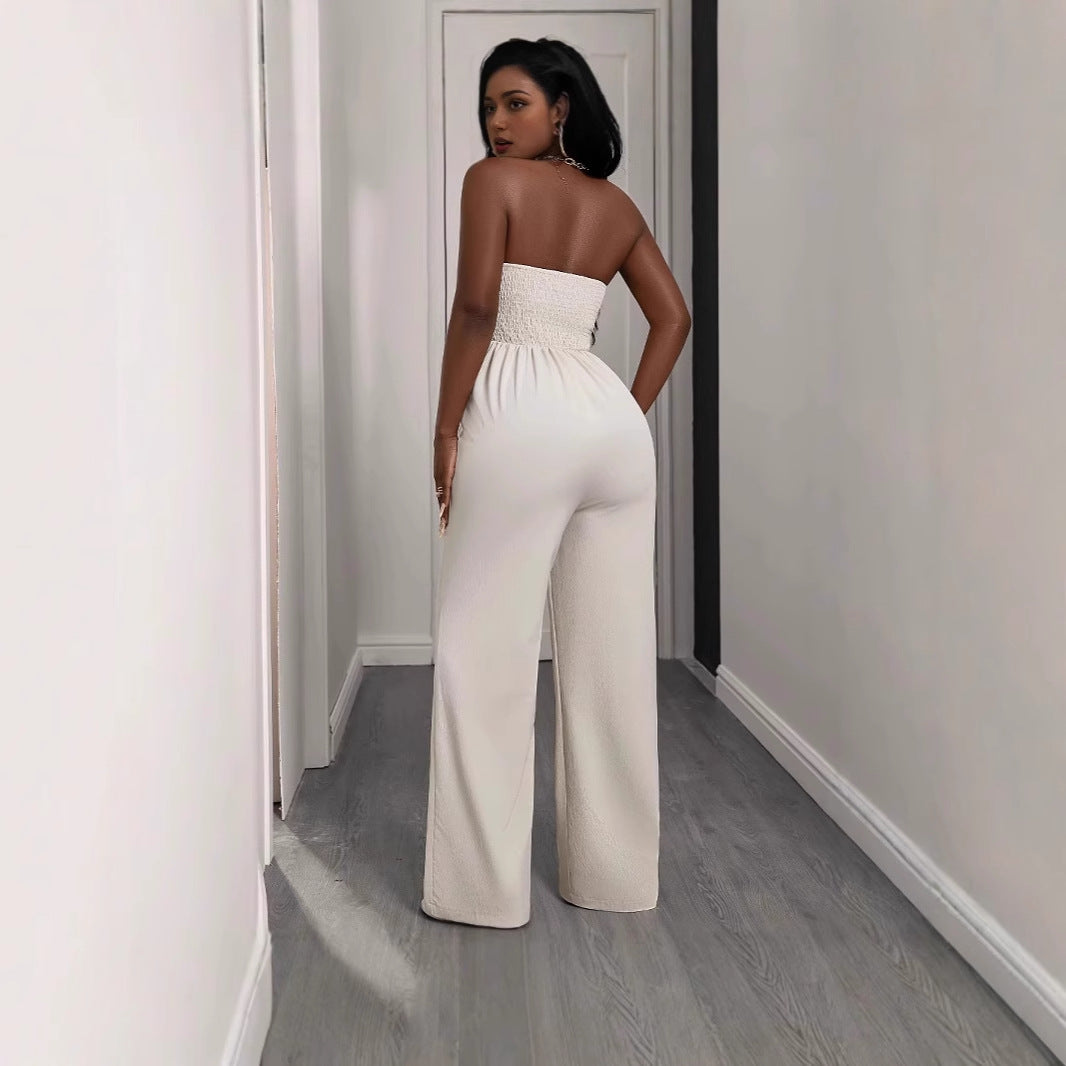 Womens Solid-Color Strapless Long Jumpsuit