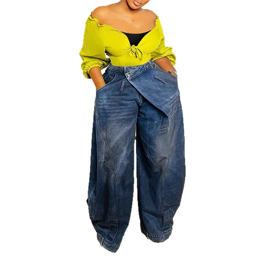 Retro slidt og falmet look, jeans til kvinder med omvendt linning