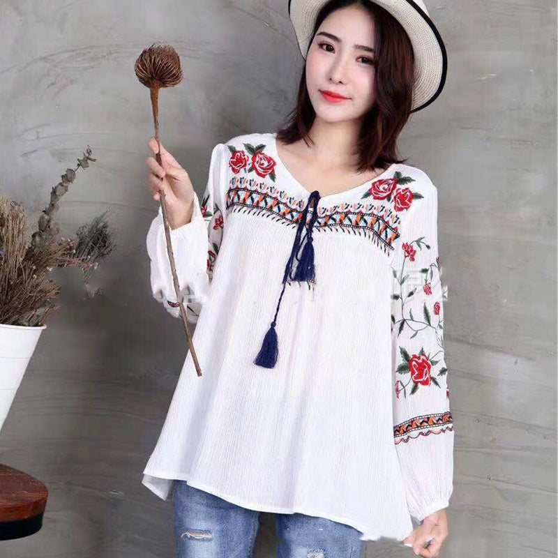 Ladies Tassel Embroidered White Shirt