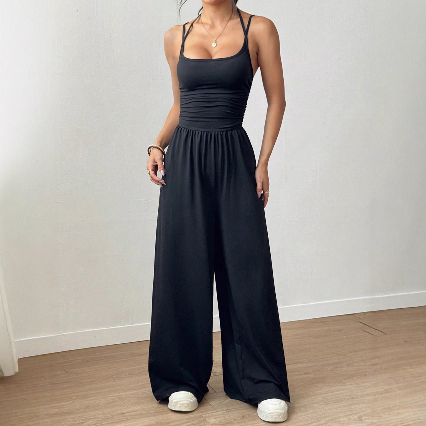 Sort Camisole Jumpsuit med Brede Ben